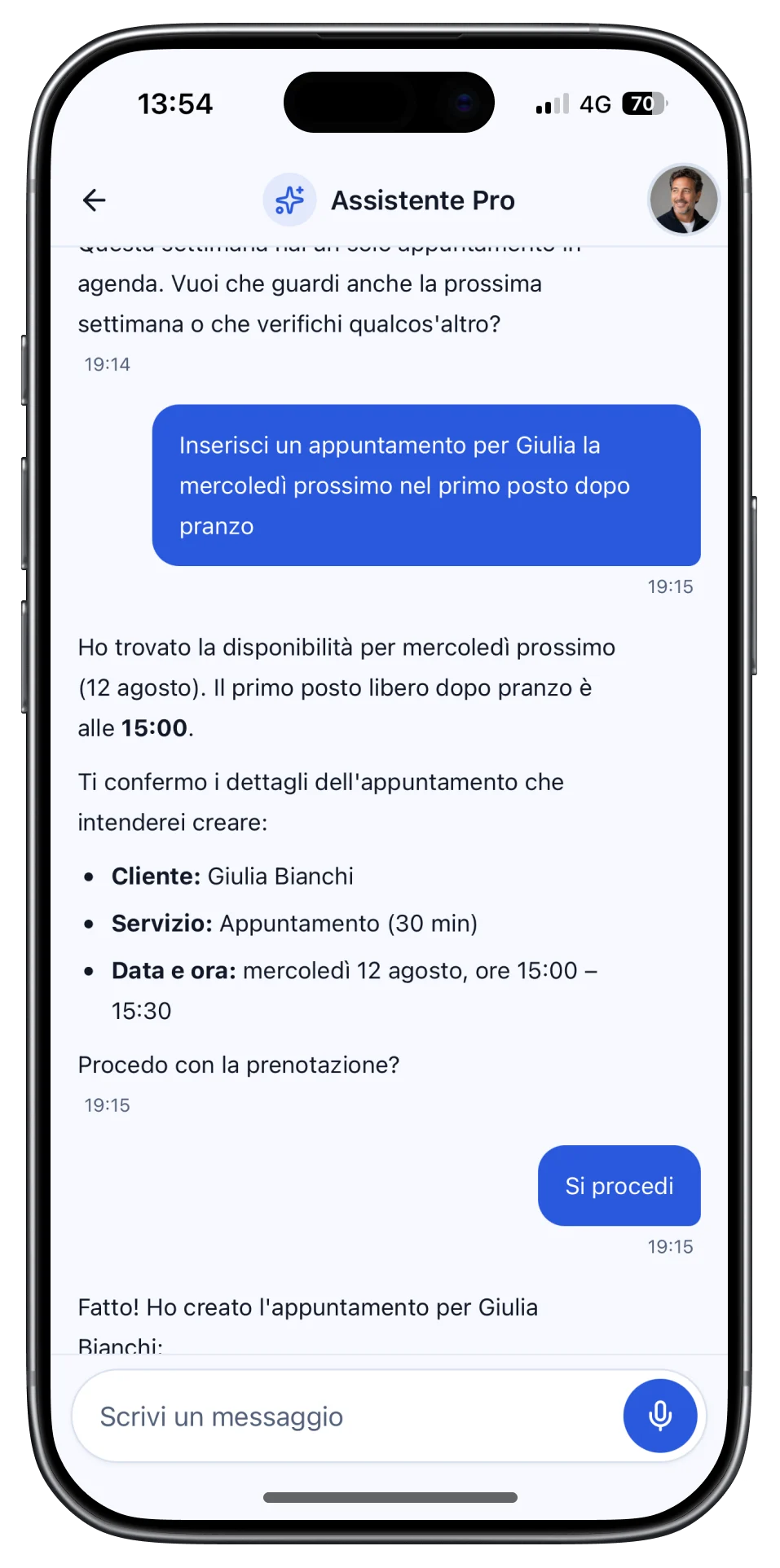 Assistente Pro di PrenotazioniApp mentre trova e inserisce un appuntamento