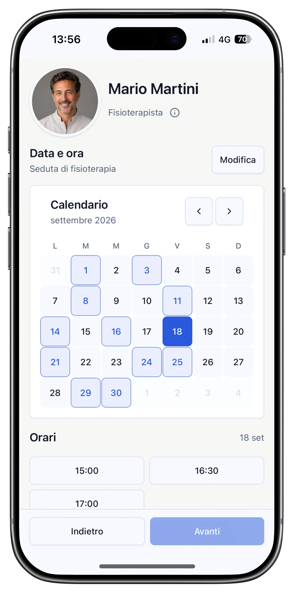 Scelta di giorno e orario disponibili in PrenotazioniApp